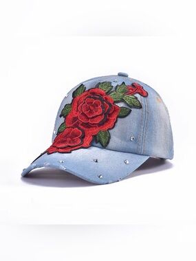 Denim Baseball Cap with Red Floral Embroidery and Embellished Rhinestones